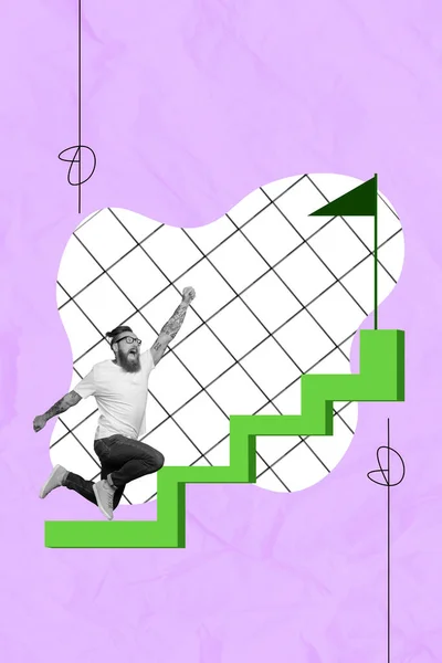 ポスターコラージュ作品イメージバナー意図的なやる気のある男の階段を実行して歩く背景を描く上で孤立した目的を達成 — ストック写真