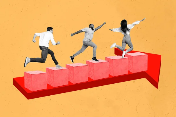 Cartaz Arte Foto Colagem Três Pessoas Trabalhadores Correndo Competição Rápida — Fotografia de Stock
