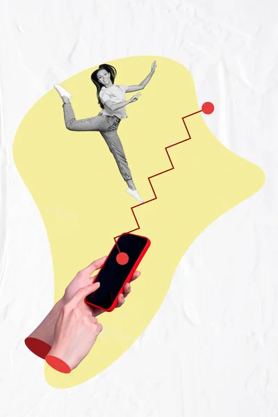 Engraçado Mulher Trabalhador Colagem Salto Clique Tela Botão Crescente Gráfico — Fotografia de Stock