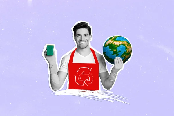 Colagem Cartaz Criativo Feliz Jovem Positivo Segurando Esponja Planeta Terra — Fotografia de Stock