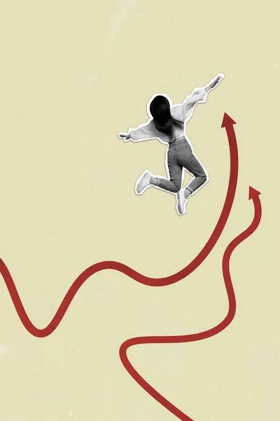 Vertikal Kreativ Collage Bild Glada Unga Kvinnliga Hoppning Kul Njuta — Stockfoto