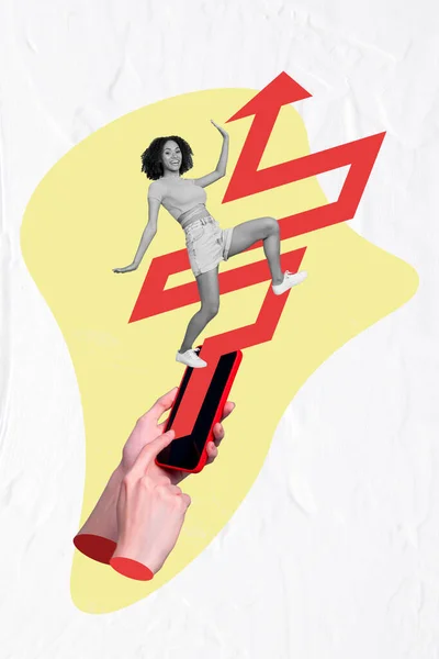 Collage Tendenza Creativa Energico Divertente Giovane Donna Piedi Freccia Punto — Foto Stock