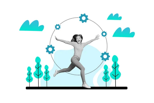Collage Mujer Joven Funky Corriendo Divertirse Aire Libre Árboles Forestales —  Fotos de Stock