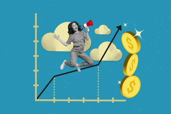 若い精力的な女性をジャンプの複合コラージュイメージは楽しい大きなスピーカーグラフ検索黄金のコイン矢印改善資金増加 — ストック写真
