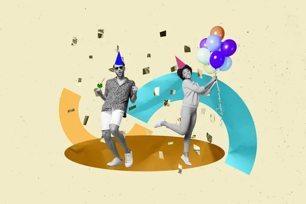年轻人兴奋的复合拼贴形象青年男子女子舞蹈团迪斯科舞厅举着气球欢度生日 — 图库照片