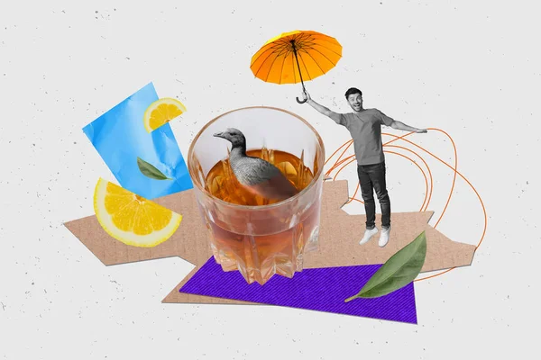 Collage Tendencia Creativa Excitado Joven Feliz Celebrar Paraguas Whisky Alcohol —  Fotos de Stock