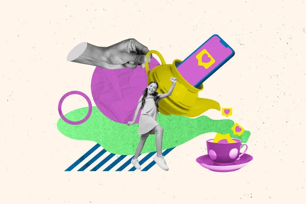 Kreative Poster Collage Von Aufgeregten Weiblichen Teenager Kind Tee Trinken — Stockfoto