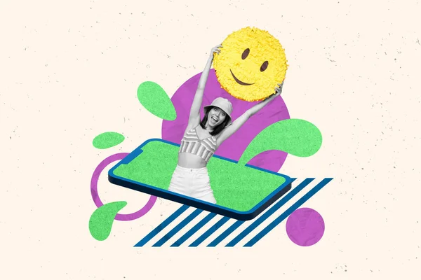 Kompozytowe Kolaż Obraz Obraz Podekscytowany Młody Śmieszne Kobieta Trzymać Emoji — Zdjęcie stockowe
