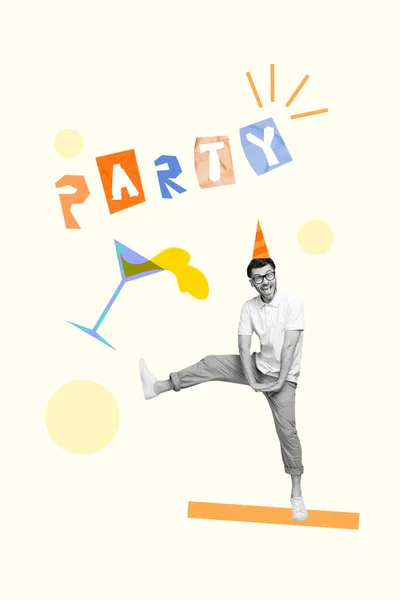 Vertical Pop Collage Poster Cheerful Happy Guy Dance Party Bachelor — Stock Photo, Image