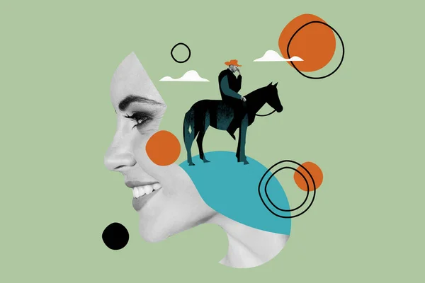 Creative Bizarre Retro Magazine Collage Happy Positive Lady Dream Riding — Stock Photo, Image