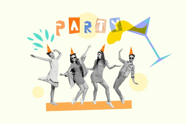 Vázlat Kép Kollázs Festett Műalkotás Boldog Emberek Élvezni Születésnapi Party — Stock Fotó