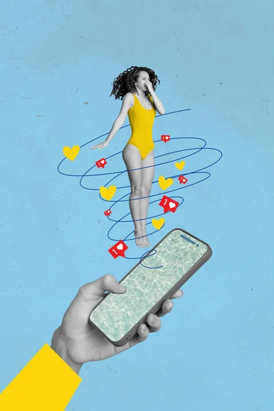 Kreative Zusammengesetzte Fotocollage Von Jungen Frauen Springen Smartphone Touchscreen Bekommen — Stockfoto