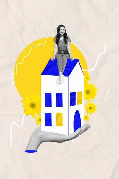 海报拼贴艺术横幅迷人的微笑女孩坐在房顶梦想买舒适豪华的房子隔离在油漆的背景下 — 图库照片