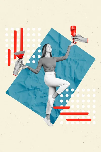 Image Collage Artworkの正の励起女の子祝う誕生日パーティードリンクアルコカクテル孤立した紙の創造的な背景 — ストック写真