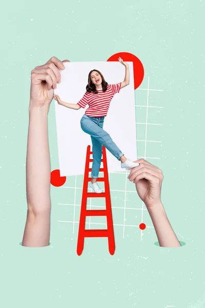 Schets Collage Beeld Van Vrolijke Positieve Meisje Vieren Carrière Promotie — Stockfoto