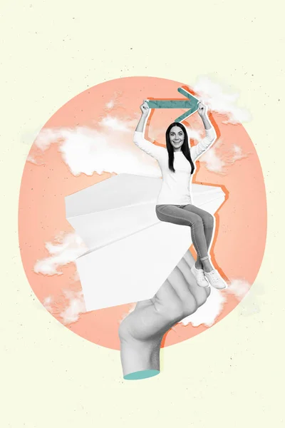 Vertikal Skiss Konstverk Collage Affisch Positiv Kvinna Sittande Plan Visar — Stockfoto