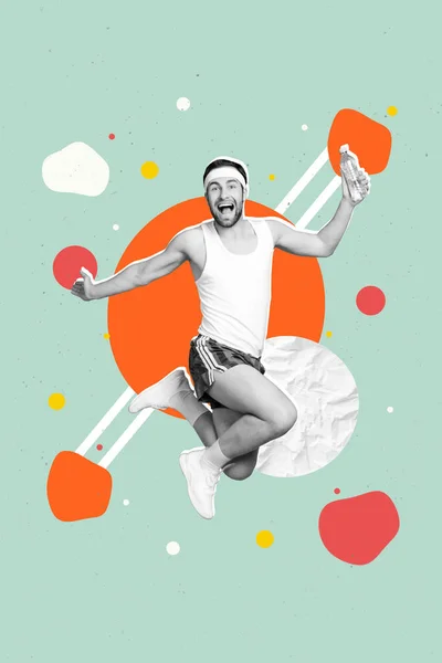 幸せな正のスポーツマンのバナー画像のコラージュは クロスマラソン勝利スポーツコンテストを実行背景を描く上で孤立勝利を祝う — ストック写真