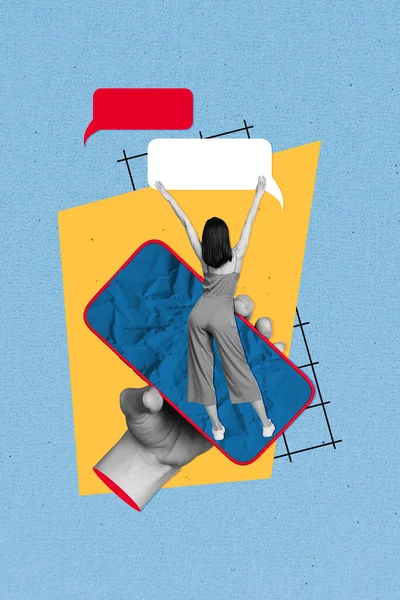 Plakat Collage Kunstwerk Skizze Von Lustigen Mädchen Stehend Modernes Gerät — Stockfoto