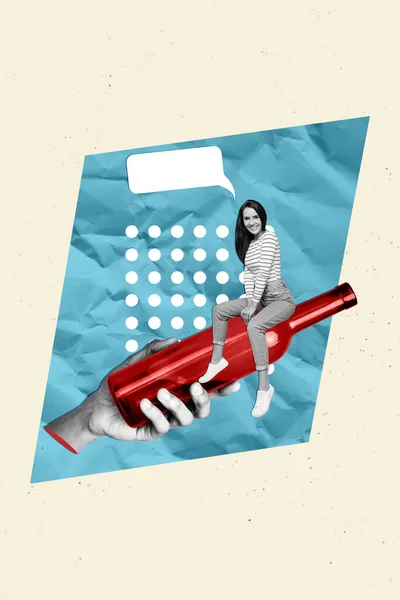 Plakat Kolaż Grafika Wesoły Szczęśliwy Dziewczyna Siedzi Reklama Duża Butelka — Zdjęcie stockowe