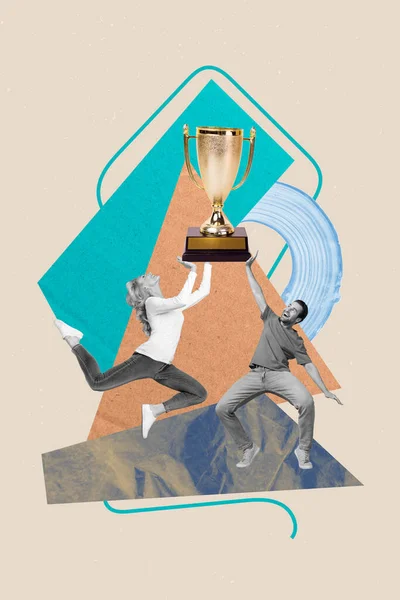 Вертикальный Композитный Рисунок Коллаж Двух Конкурсантов Поднял Руки Огромный Чемпион — стоковое фото