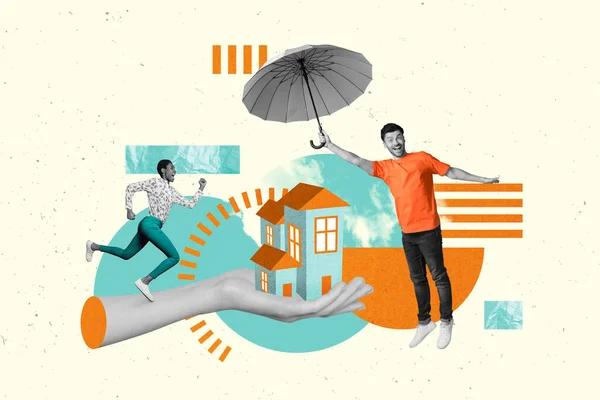 Kreative Illustration Collage Bild Von Zwei Nachbarn Mann Fliegen Sonnenschirm — Stockfoto