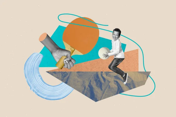 Sammansatt Kreativ Illustration Collage Mänskliga Lilla Skolpojke Spela Tennis Ping — Stockfoto