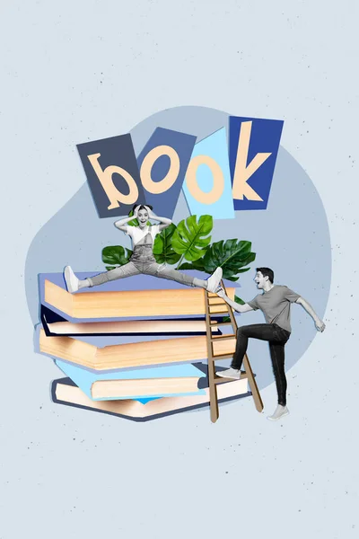 スケッチ3Dバナーアートワークコラージュ広告の驚きの人々行く階段書店低価格ブック割引孤立上絵の背景 — ストック写真