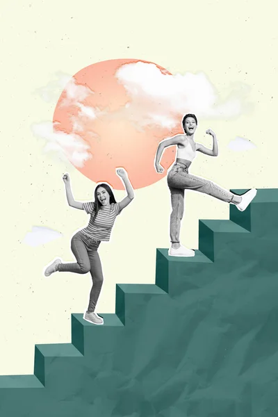 Schets Sjabloon Graphics Collage Van Vrolijke Opgewonden Mensen Klim Ladder — Stockfoto