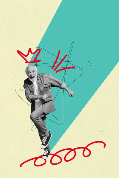 独创复古3D杂志拼贴的无忧无虑的老年男子跳舞国王的形象五彩斑斓的背景 — 图库照片