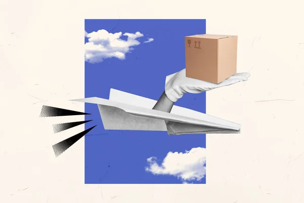 Afbeelding Schets Foto Collage Van Papier Vliegtuig Leveren Aanbod Bezittingen — Stockfoto