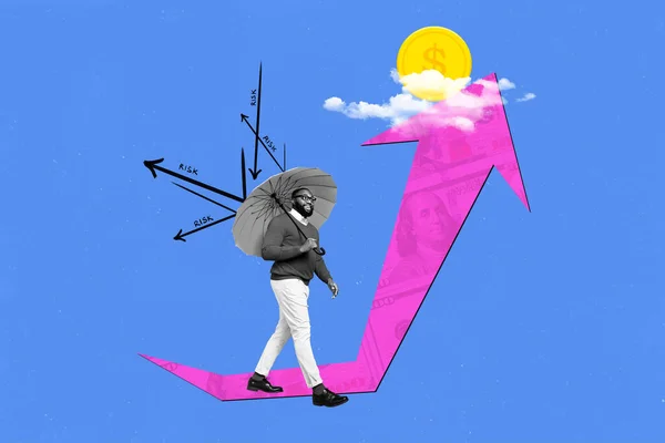 Kreative Collage Aus Schwarz Weiß Effekt Kerl Halten Regenschirm Schützen — Stockfoto