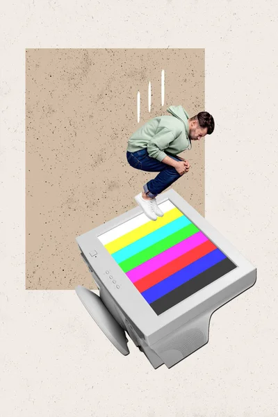 컴퓨터 화면을 점프하는 능동적 남성의 포스터 콜라주 세뇌에 중독된 신호는 — 스톡 사진