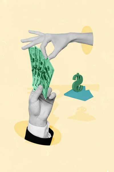 写真コラージュアートワーク腕の最小限の画像お金を共有する孤立ベージュ色の背景 — ストック写真