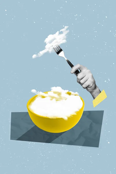 Abstrato Criativo Arte Modelo Colagem Comer Nuvens Placa Garfo Isolado — Fotografia de Stock