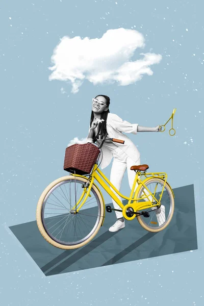 Collage Vertical Obras Arte Joven Chica Funky Montar Viejo Transporte —  Fotos de Stock