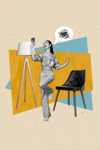 Collage Artwork Graphics Picture Excited Funky Lady Recording Video Vlog — Stock Photo, Image