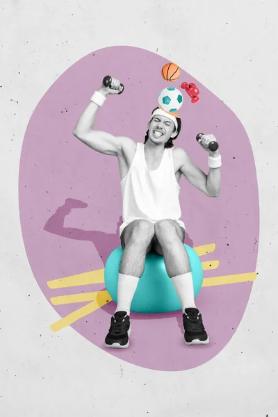 若いスポーツマンのアスリートボディビルダーの筋肉ジムダンベルサッカー趣味ピンク色の背景に隔離されたコラージュ写真 — ストック写真