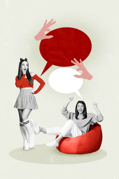 Collage Von Jungen Zwei Mädchen Liegen Hocker Zusammen Sprechen Dialog — Stockfoto