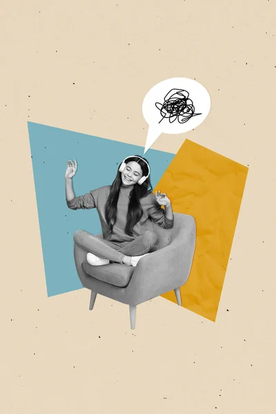 소녀들로 구성된 실용적 콜라주가 의자에 헤드폰으로 그림을 — 스톡 사진