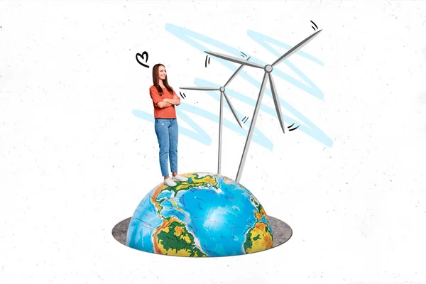 Koláž Obrázek Ilustrace Metafora Roztomilé Dámy Sledování Vrtule Větrná Farma — Stock fotografie