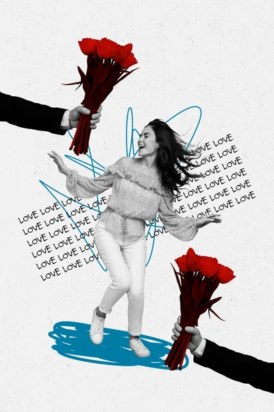 Vertikale Illustration Collage Von Freundin Frau Feiern Valentinstag Strauß Rote — Stockfoto