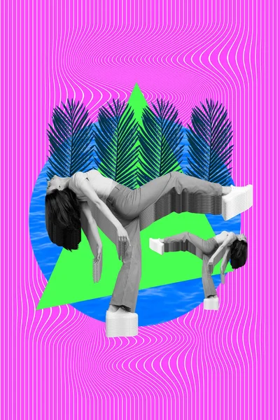 Vertikal Kreativ Collage Bild Funky Energisk Flexibel Kvinnlig Surrealism Dans — Stockfoto