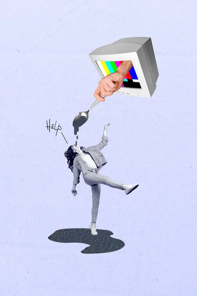 Vertikale Plakatcollage Von Süchtigen Mädchen Die Falschinformationen Essen Inhalte Massenmedien — Stockfoto