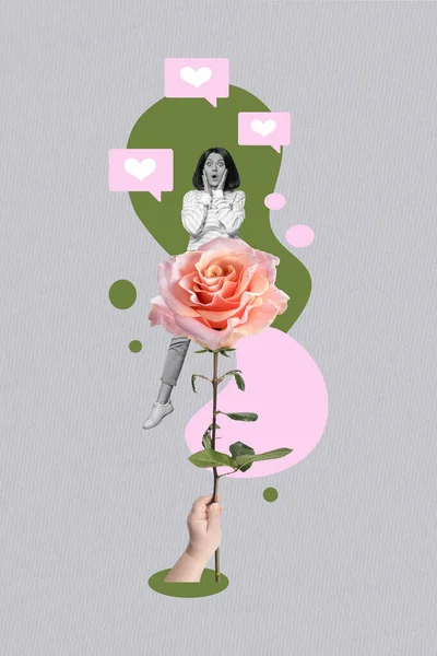 令人印象深刻的女人的垂直创造性图片拼贴得到社交媒体喜欢花隔离的绘画背景 — 图库照片