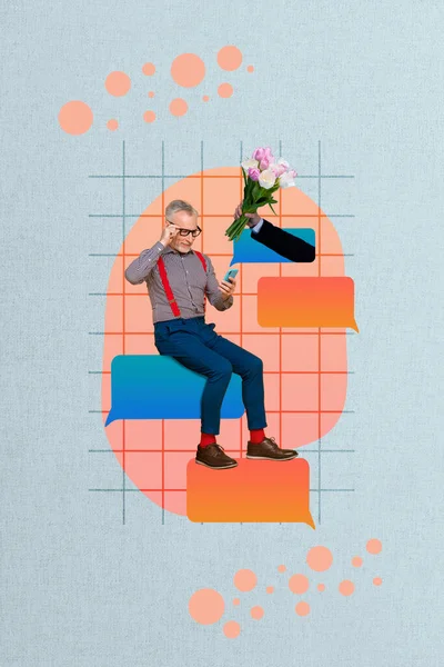 Retro Kreativa Konstverk Mall Collage Mogen Kille Beställa Blommor Gadget — Stockfoto