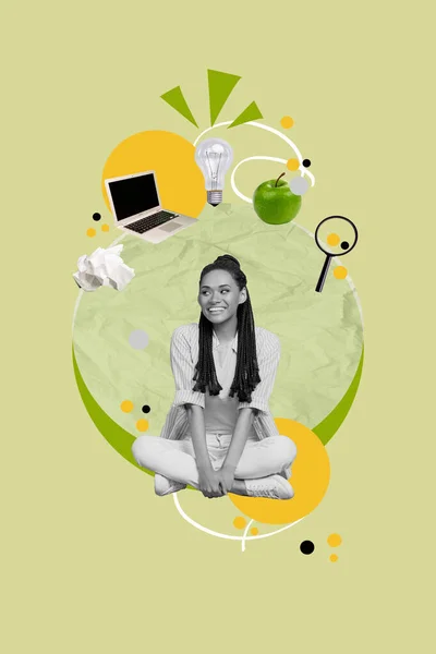 積極的な好奇心旺盛な魅力的な女の子のコラージュマルチタスクビジネス思考ワークライフバランスのアイデア教育食品は緑の背景に隔離 — ストック写真