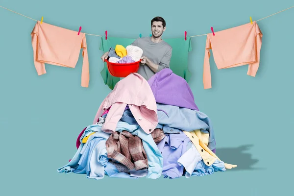Poster Banner Creative Collage Exhausted Young Guy Dirty Clothes Arounf — Stock Photo, Image