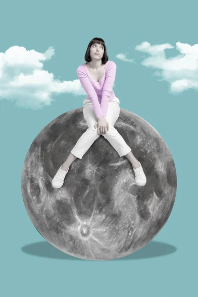 Creative Magazine Template Collage Frustrated Young Lady Sitting Full Moon — Stock Photo, Image