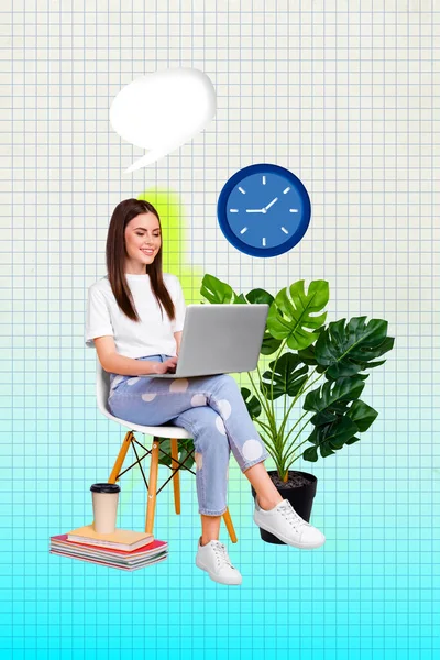 Magazine Template Collage Freelancer Lady Work Netbook Remote Home Office — Stock Photo, Image
