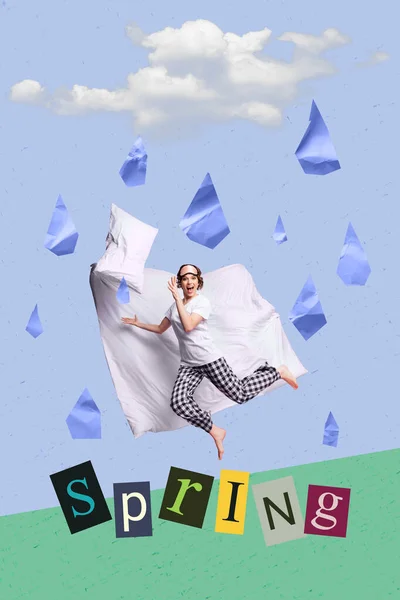 Kolaż Retro Szkic Obraz Podekscytowany Lady Mając Zabawy Deszczowy Marsz — Zdjęcie stockowe
